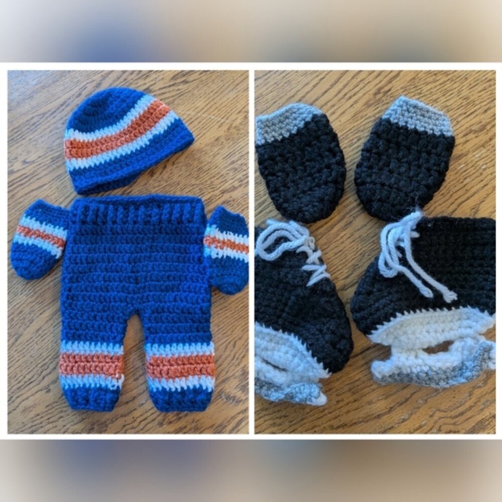 NHL hand-crocheted blue, orange and white HOCKEY infant knit set. 0-3 Months New